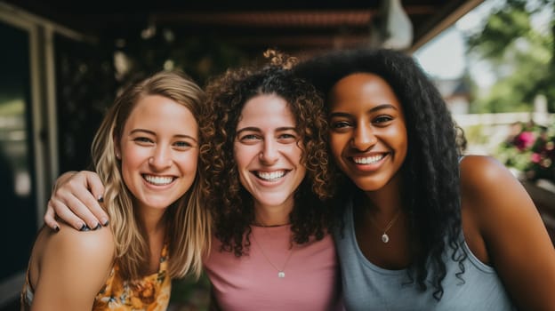 Friendly portrait of happy smiling diverse modern young people friends together, girlfriends women looking at camera on city street