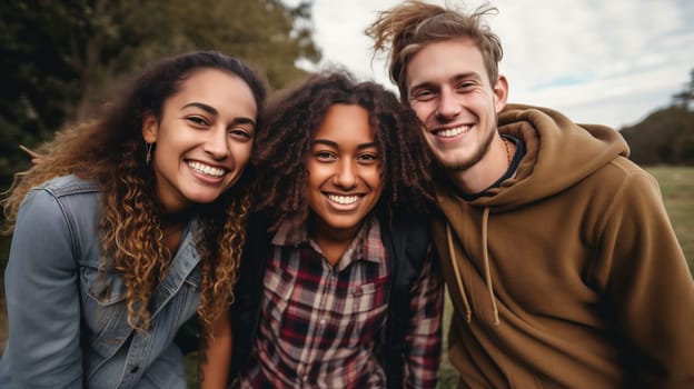 Friendly portrait of happy smiling diverse modern young people friends together, women and men in casual clothing posing on city street