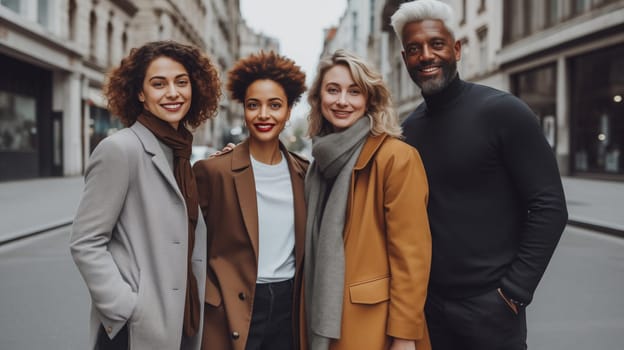 Friendly portrait of happy smiling diverse modern young people friends together, women and men in casual clothing posing on city street