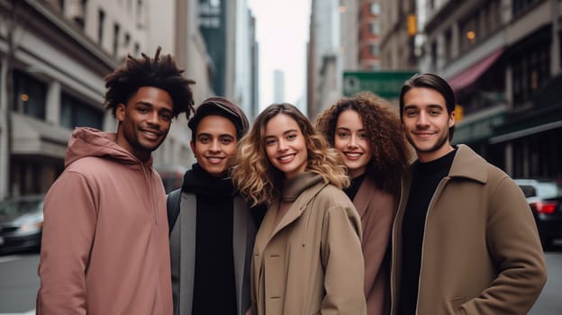 Friendly portrait of happy smiling diverse modern young people friends together, women and men in casual clothing posing on city street