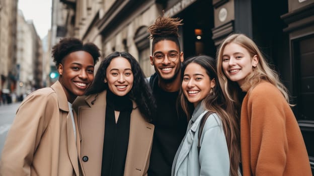 Friendly portrait of happy smiling diverse modern young people friends together, women and men in casual clothing posing on city street