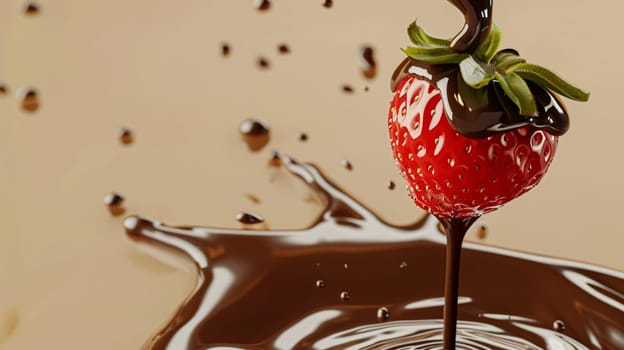 Strawberry falling into melted liquid chocolate, food dessert and confectionery industry