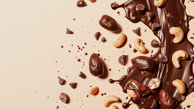 Nuts and chocolate splash, food dessert and confectionery industry