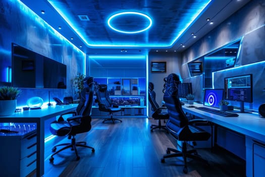 A room with a blue light ceiling and a circular design. There are three people sitting in chairs in front of computer monitors