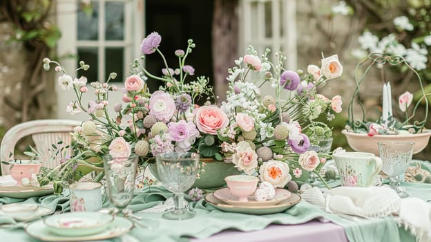 Easter tablescape decoration, floral holiday table decor for family celebration, spring flowers, Easter eggs, Easter bunny and vintage dinnerware, English country and home styling