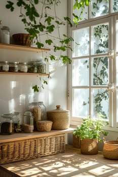 A kitchen with a window, houseplants in flowerpots, shelves, baskets, and wooden fixtures, creating a cozy and inviting space