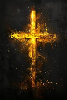 A cross is shown in a black background with gold paint dripping from it. The cross is surrounded by a lot of fire and smoke, giving it a dramatic and intense appearance