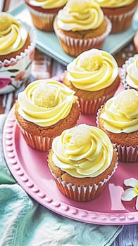 Homemade lemon cupcakes with buttercream frosting, baking recipe