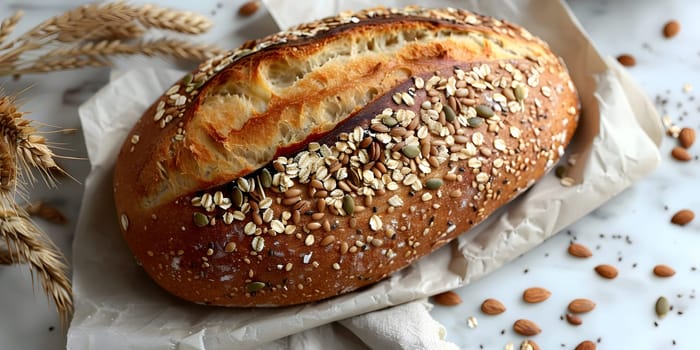 A staple food, bread is placed on paper on a table. A key ingredient in many recipes, this baked good is commonly enjoyed with powdered sugar