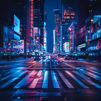 The vibrant lights of downtown Tokyo illuminate a wet street at night, showcasing reflections on the slick asphalt. Tall buildings with bright windows line the street as cars drive by, creating a dynamic and lively atmosphere typical of the citys nightlife.