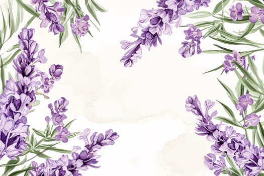 Watercolour background in soft purple hues adorned with elegant floral and botanical illustrations highlighted with gold accents, perfect for creative designs