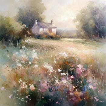 Oil style fine art painting of the English countryside cottage with romantic floral meadow, flowers field in soft pastel colours, evoking a sense of tranquility and natural beauty, printable art design