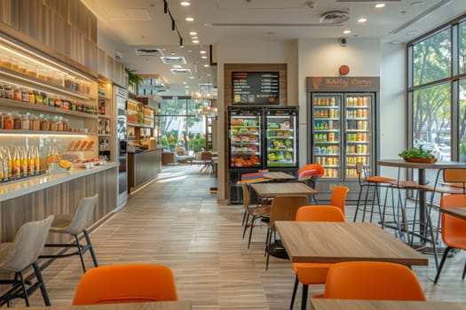 A restaurant with a lot of tables and chairs, and a lot of food and drinks. The restaurant is open and has a lot of natural light coming in