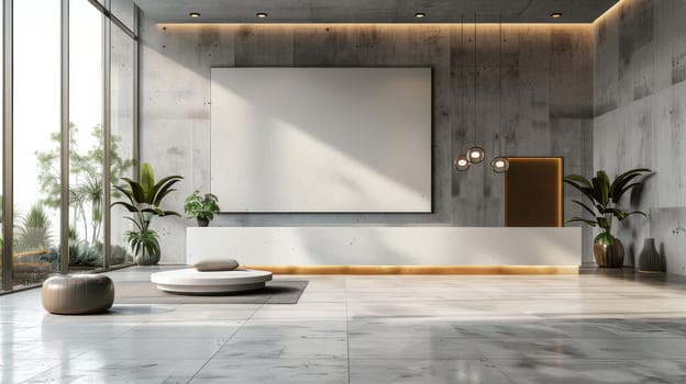 A large white wall with a marble design and a potted plant in the corner. The room is empty and has a modern, minimalist feel