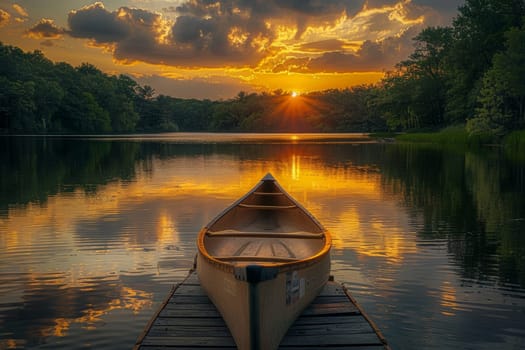 A canoe is floating on a lake at sunset. The sky is orange and the water is calm