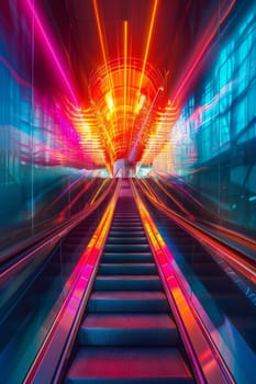 A colorful escalator with bright lights and a rainbow effect. The escalator is long and winding, with stairs leading up to the top