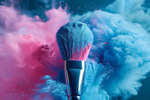 A makeup brush is covered in colorful powder, creating a vibrant and energetic atmosphere. The brush is surrounded by a cloud of smoke, adding to the dramatic effect