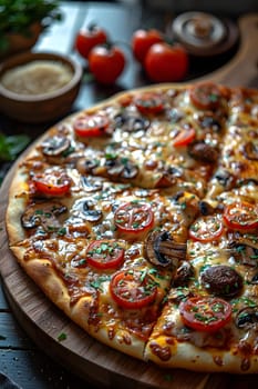 A Californiastyle pizza topped with fresh tomatoes, mushrooms, and cheese, served on a rustic wooden cutting board. A delicious staple food made with quality ingredients