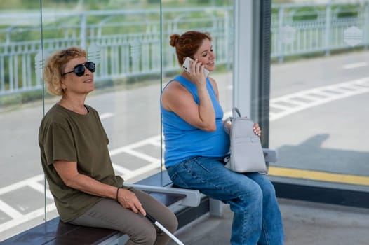 An elderly blind woman and a pregnant woman are sitting at a bus stop and waiting for the bus