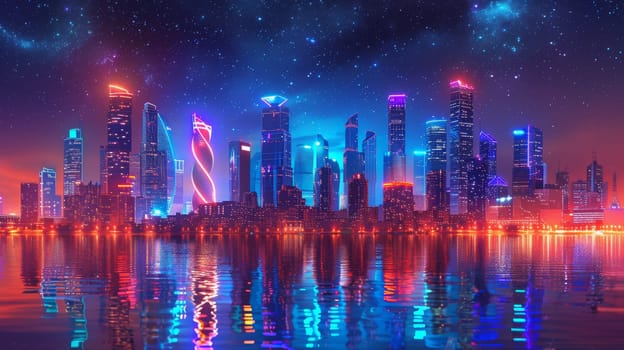 A city skyline with a large body of water in the background. The water is reflecting the city lights and the sun is setting