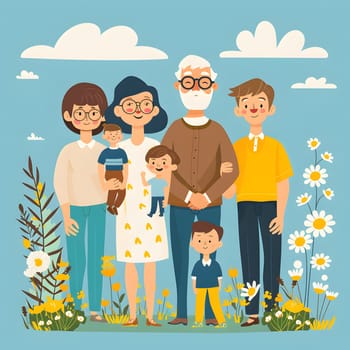 A happy family is posing for a picture in a field of azure flowers, with cartoonlike clouds in the background. They are all wearing matching tshirts with a plant design