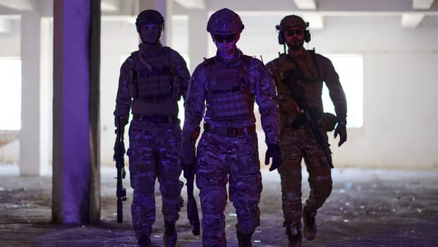 soldier squad team walking in urban environment colored lightis.