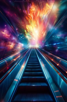 A colorful escalator with bright lights and a rainbow effect. The escalator is long and winding, with stairs leading up to the top