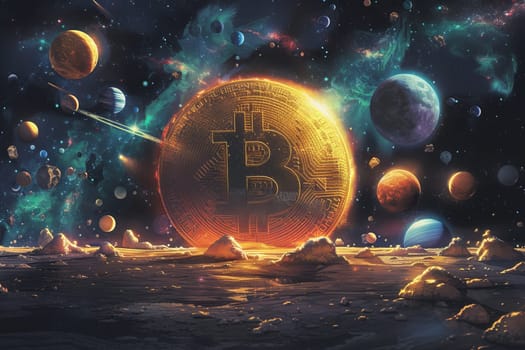 Cryptocurrency golden bitcoin coin and galaxy and star background.