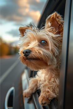 A small dog with a fluffy coat is sitting in a car window. The dog is looking out the window and he is enjoying the view