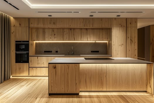 A kitchen with a granite countertop and wood cabinets. The kitchen is clean and well-organized