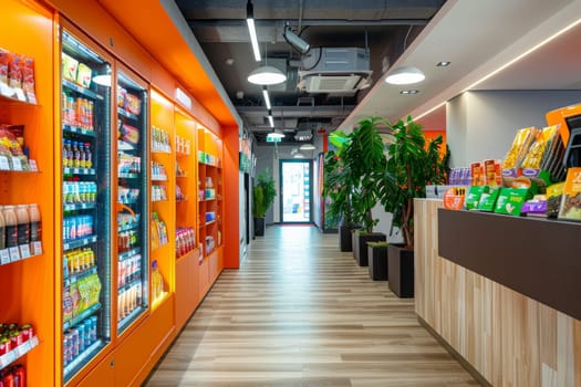 A colorful vending machine with a variety of food and drinks.