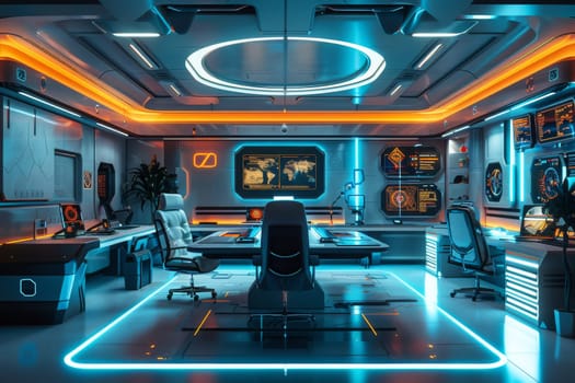A room with a blue light ceiling and a circular design. There are three people sitting in chairs in front of computer monitors