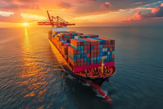 A large red ship is sailing on the ocean with the sun setting in the background. The ship is carrying a large number of containers, and the sky is filled with clouds