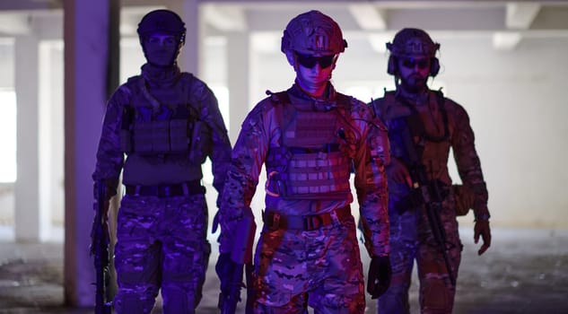 soldier squad team walking in urban environment colored lightis.