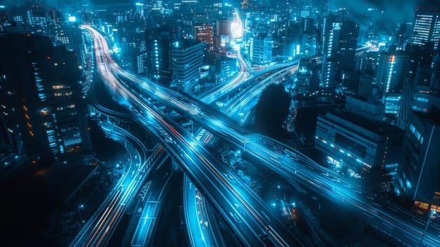 A city at night with a large round highway in the middle. The highway is lit up with blue lights