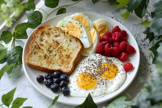 A white plate featuring a delicious combination of eggs, toast, raspberries, and blueberries. A colorful and nutritious dish made with staple foods and natural ingredients