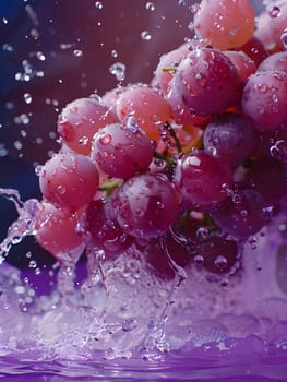 A cluster of grapes is diving into a vibrant purple liquid, creating a stunning art piece. The mixture of pink and magenta hues resembles a freezing plant painting