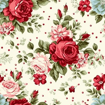 Seamless pattern, tileable floral country holiday print with roses, dots and flowers for wallpaper, wrapping paper, scrapbook, fabric and polka dot roses product design idea