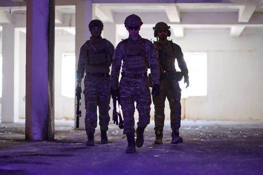 soldier squad team walking in urban environment colored lightis.