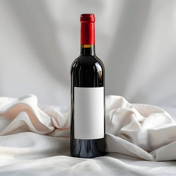 A glass bottle of red wine with a white label and a red bottle stopper. This fluid drinkware contains a delicious and aromatic liqueur