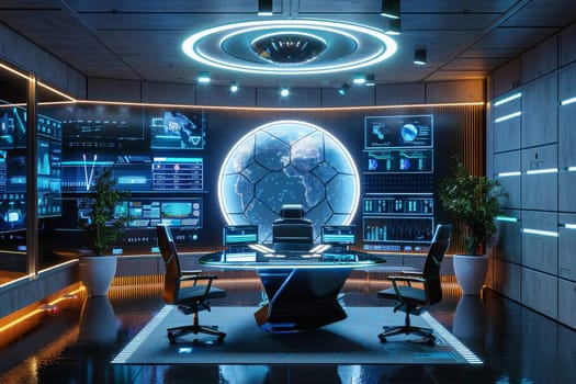 A room with a blue light ceiling and a circular design. There are three people sitting in chairs in front of computer monitors