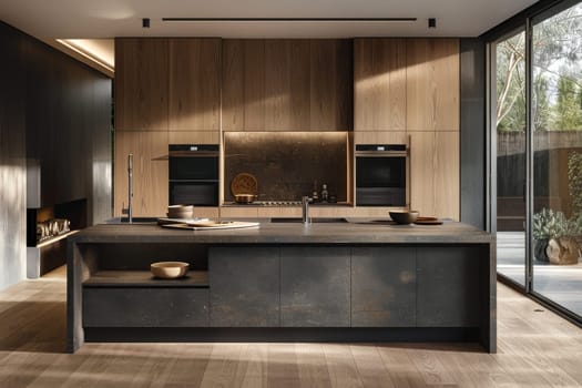 A kitchen with a granite countertop and wood cabinets. The kitchen is clean and well-organized