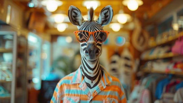 A stylish zebra wearing sunglasses and summer suit, Animal funny pop art, A zebra in summer clothes fashion.