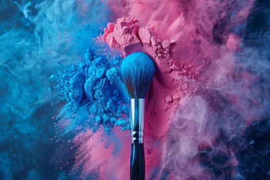 A makeup brush is covered in colorful powder, creating a vibrant and energetic atmosphere. The brush is surrounded by a cloud of smoke, adding to the dramatic effect