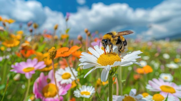 A bee landing on a daisy in a colorful meadow with the expansive blue sky.