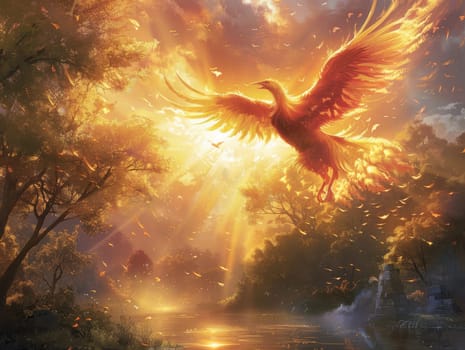 Phoenix is flying burning with fire. Birds. Mythical creatures.