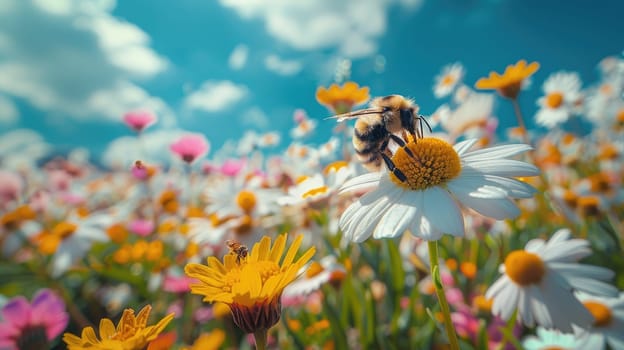 A bee landing on a daisy in a colorful meadow with the expansive blue sky.