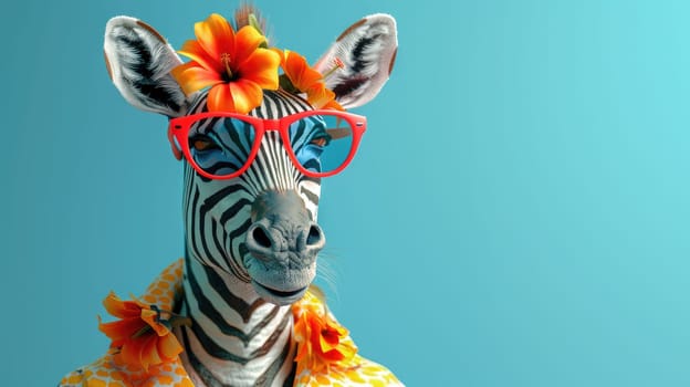 A stylish zebra wearing sunglasses and summer suit, Animal funny pop art, A zebra in summer clothes fashion.