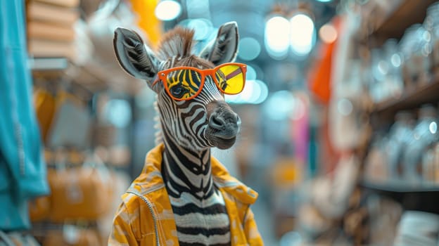 A stylish zebra wearing sunglasses and summer suit, Animal funny pop art, A zebra in summer clothes fashion.