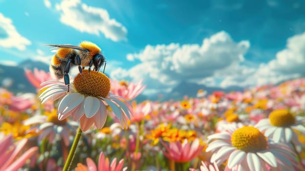 A bee landing on a daisy in a colorful meadow with the expansive blue sky.